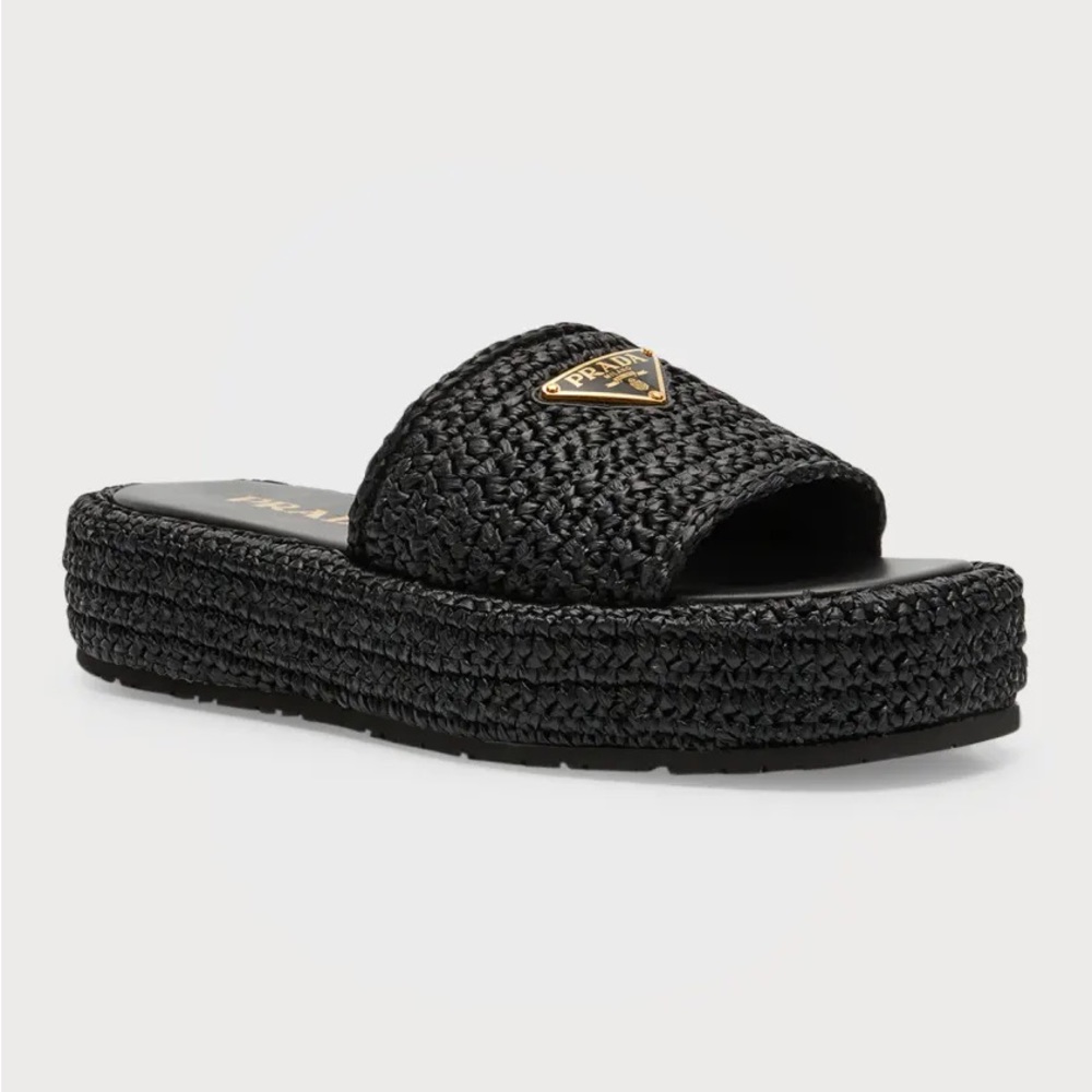 NWOT Prada Raffia Platform Slides. Made in Italy
